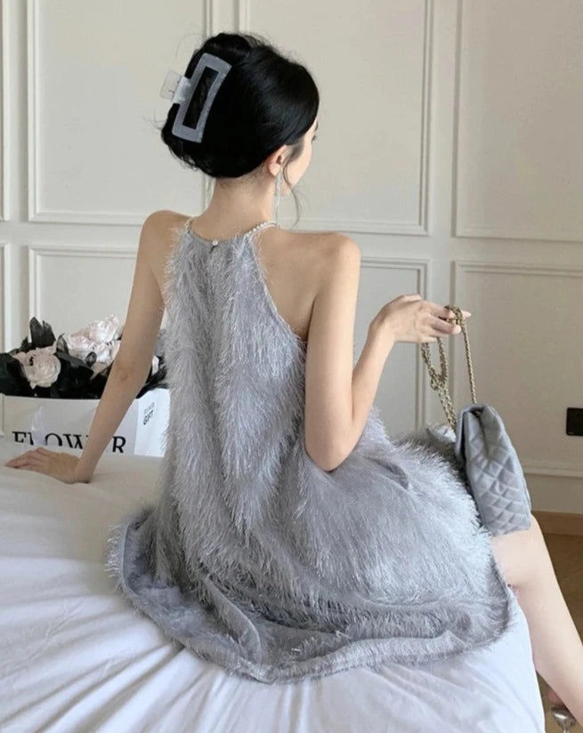 Women's Gray halter  mock neck, bow embellished flowy A Line  mini dress