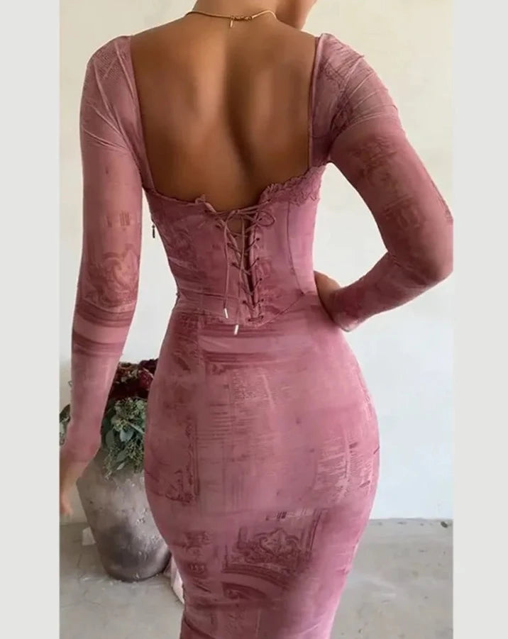 Women's pink lace long sleeve midi dress