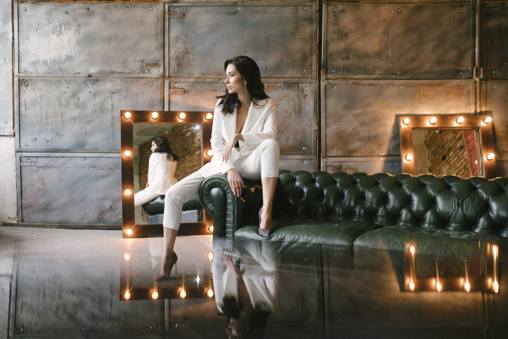 Women wearing neutral beige business pants suit