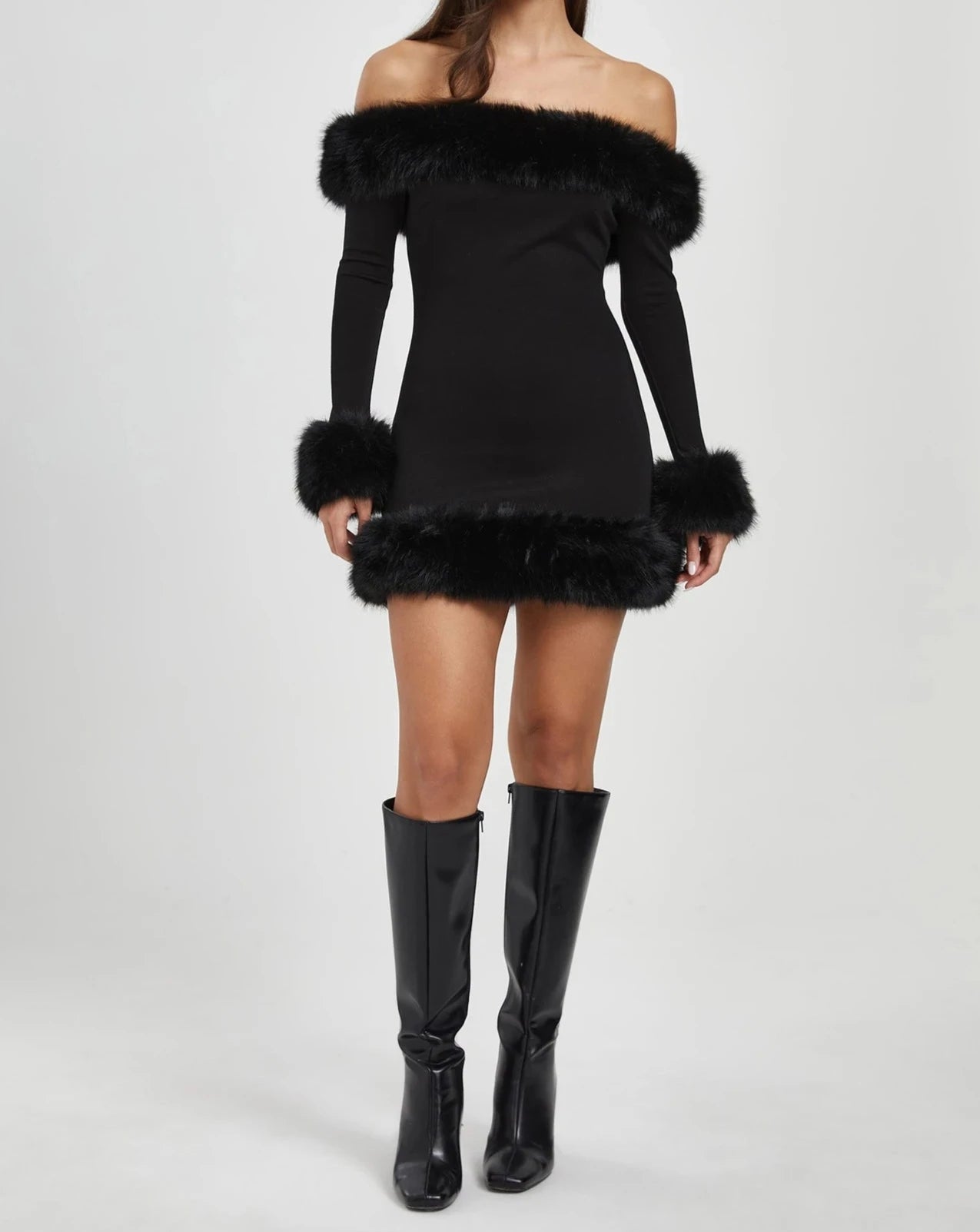 Women's black fur trim off the shoulder long sleeve mini dress