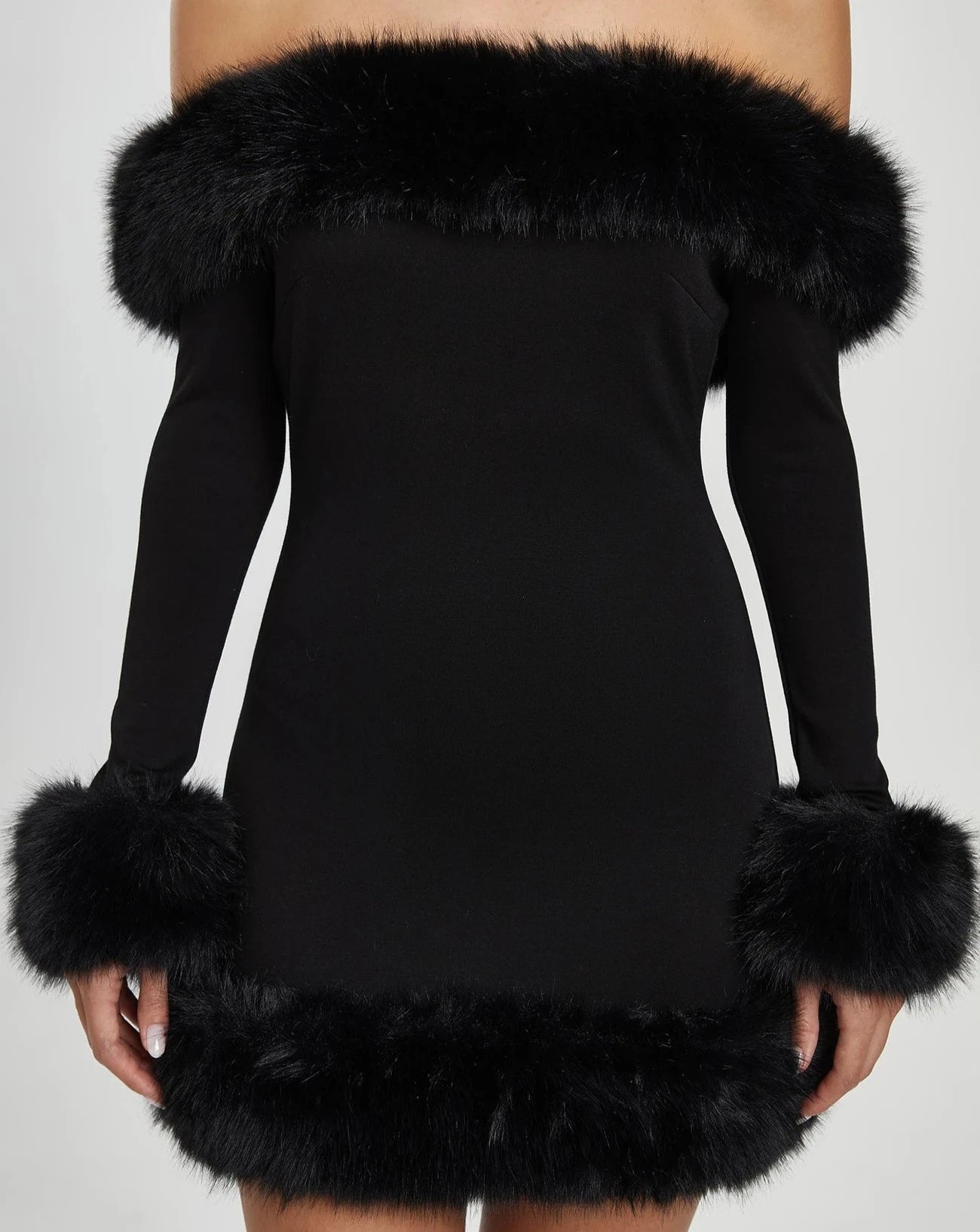 Women's black fur trim off the shoulder long sleeve mini dress