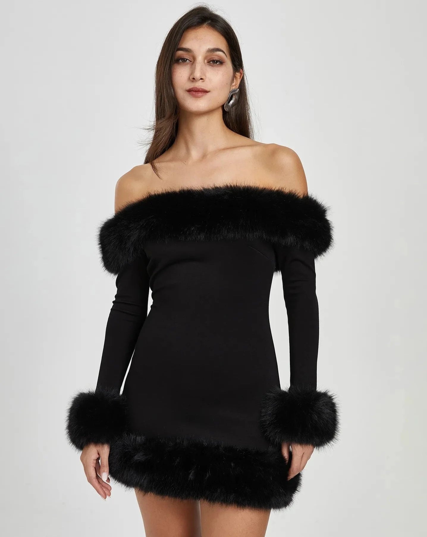 Women's black fur trim off the shoulder  long sleeve mini dress