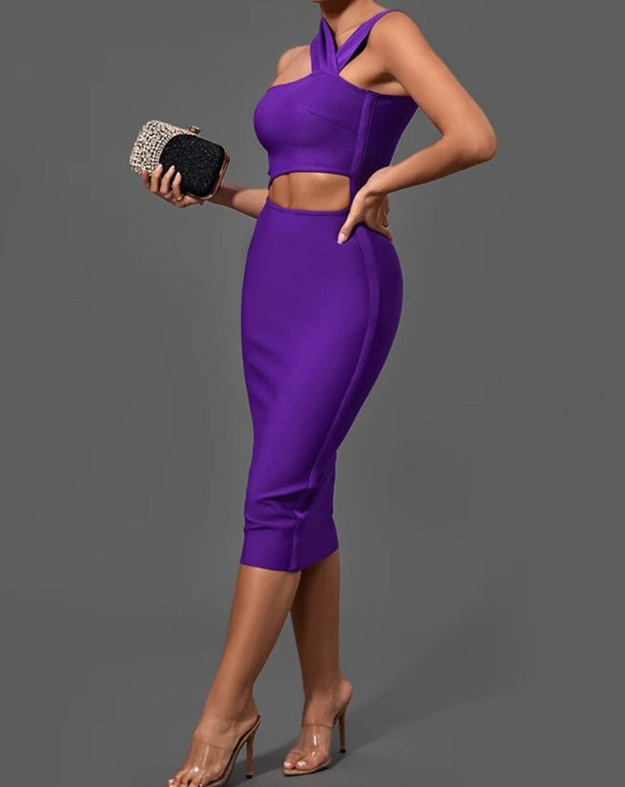 Women's purple cutout bodycon midi dress