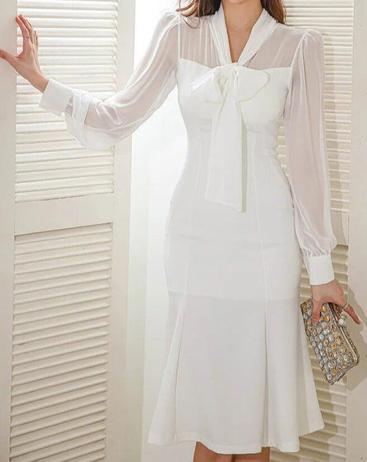 White tie-neck fit and flare midi sheath women's dress