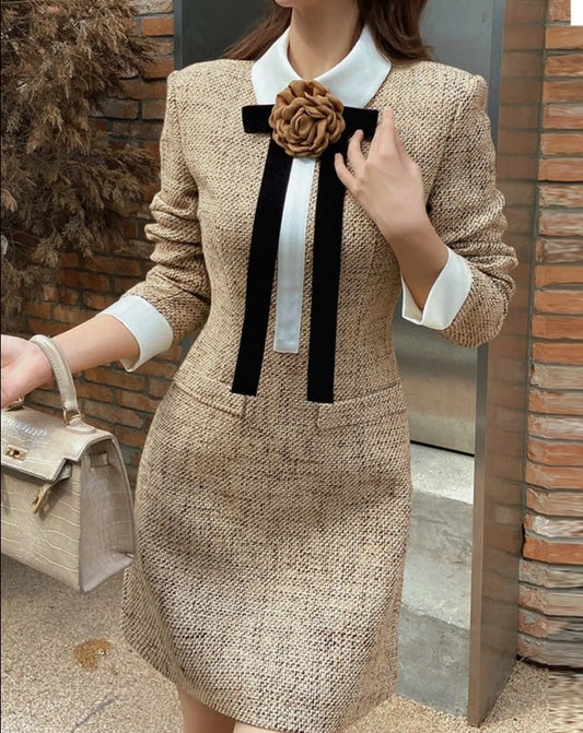 Women's brown tie bow tie neck tweed tunic dress