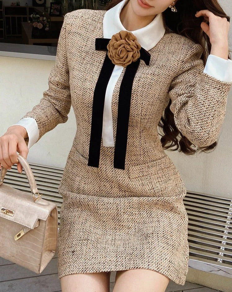 Women's brown tie bow tie neck tweed tunic dress