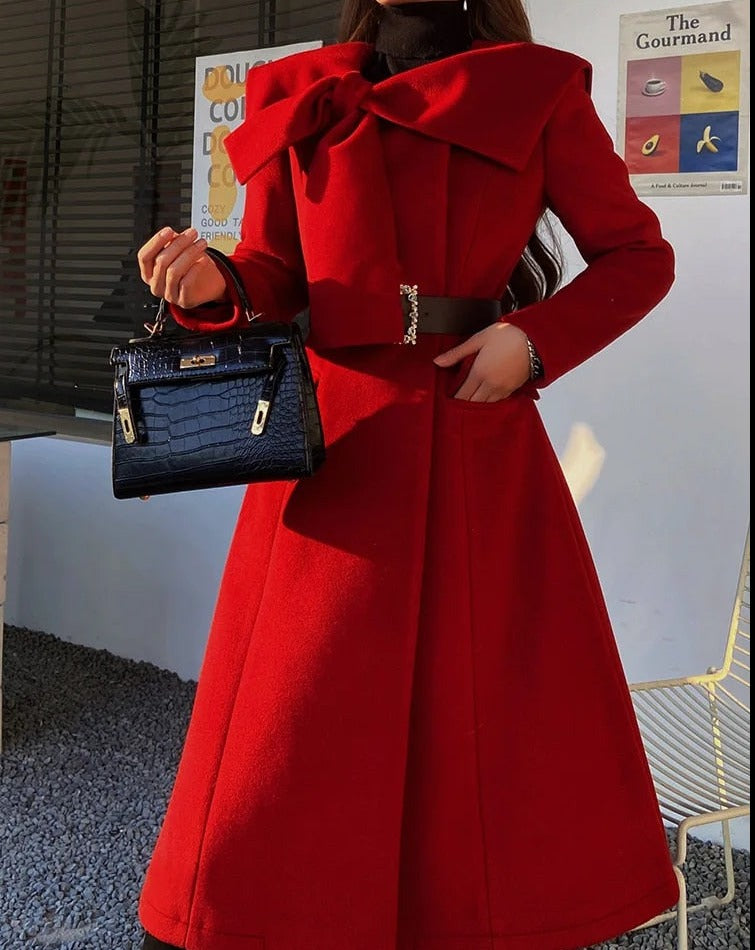 Women's red belted A-line winter coat