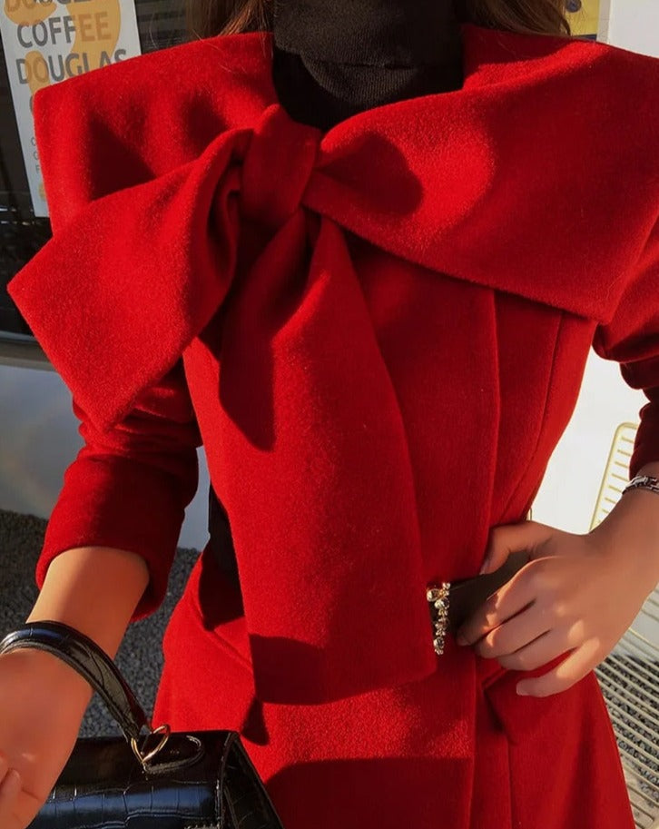 Women's red belted A-line winter coat