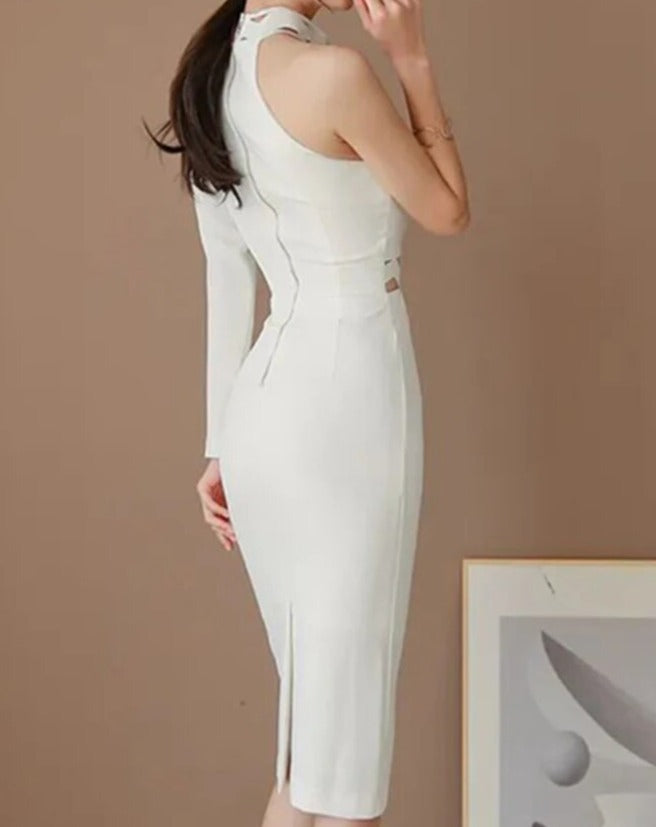 Women's white mock neck, cutout one sleeve sheath dress