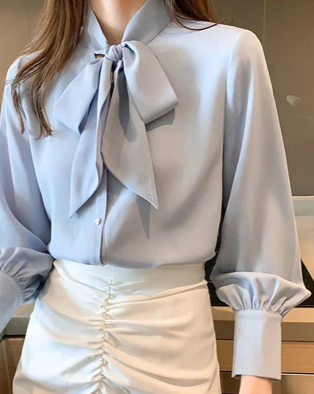 Women's blue tie-neck long sleeve blouse