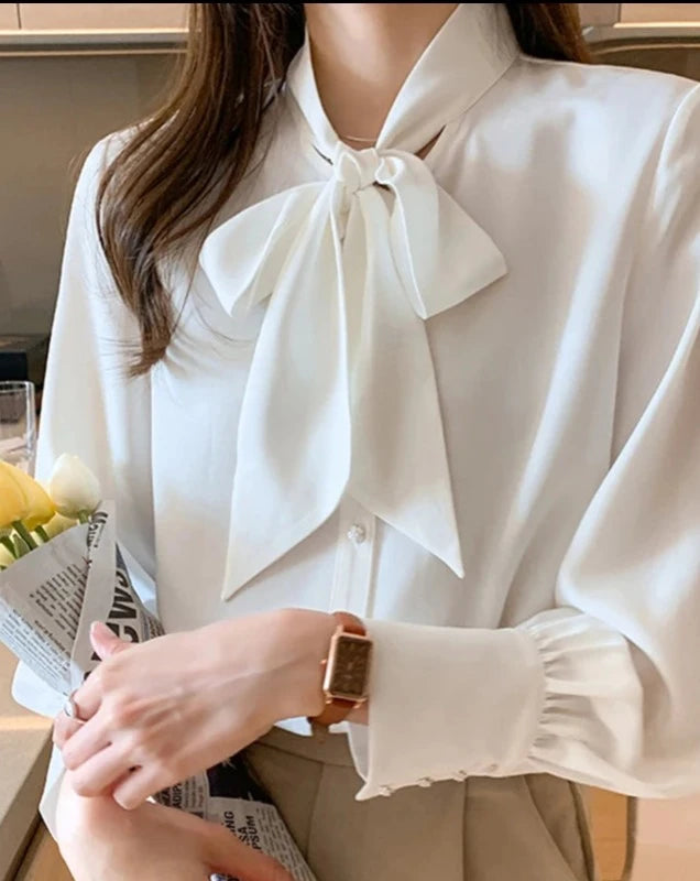 Women's white tie-neck long sleeve blouse