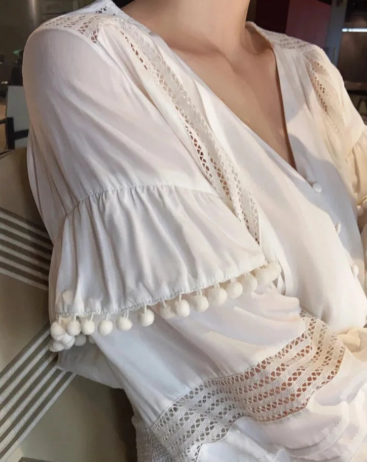 Women's white lace trim long sleeve top