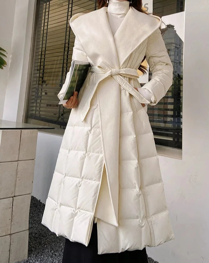 Women's white maxi belted puffer coat