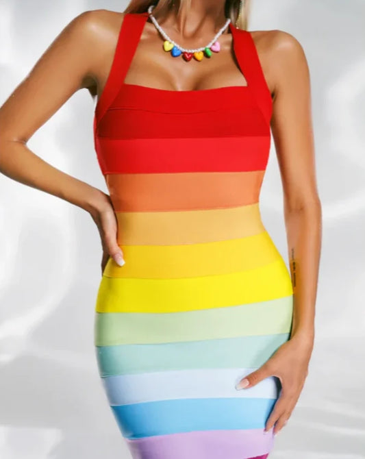 Women's sexy rainbow color bodycon minidress 