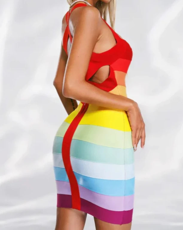 Women's sexy rainbow color bodycon minidress 