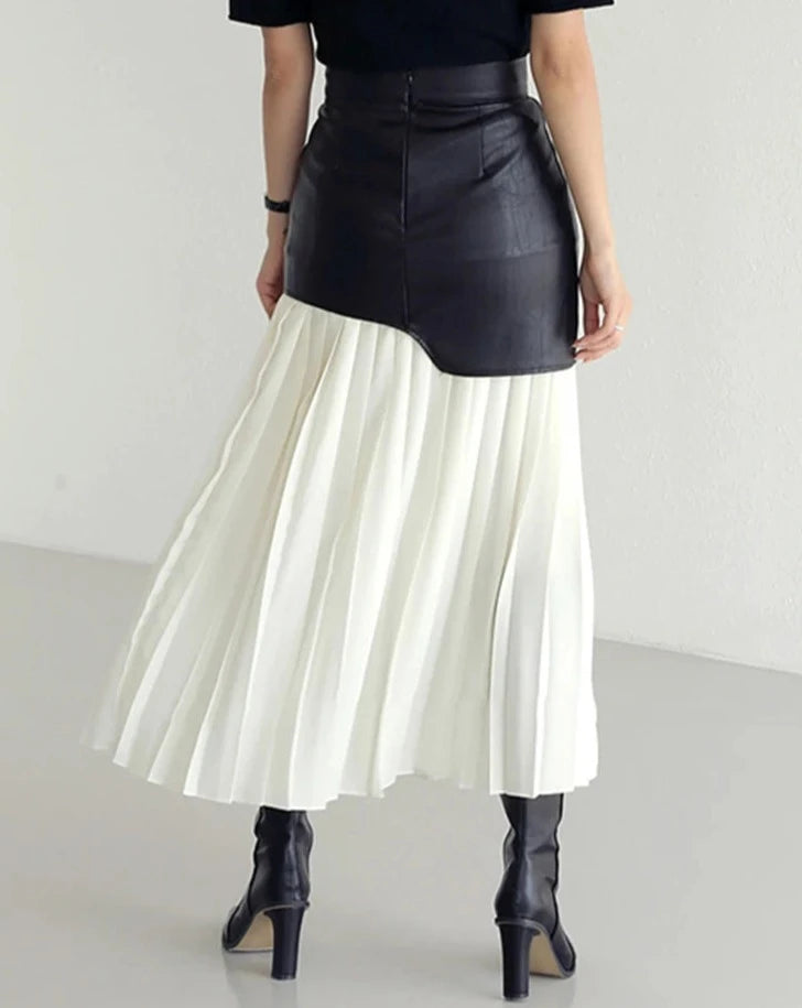 women's high waist maxi faux leather and pleated skirt