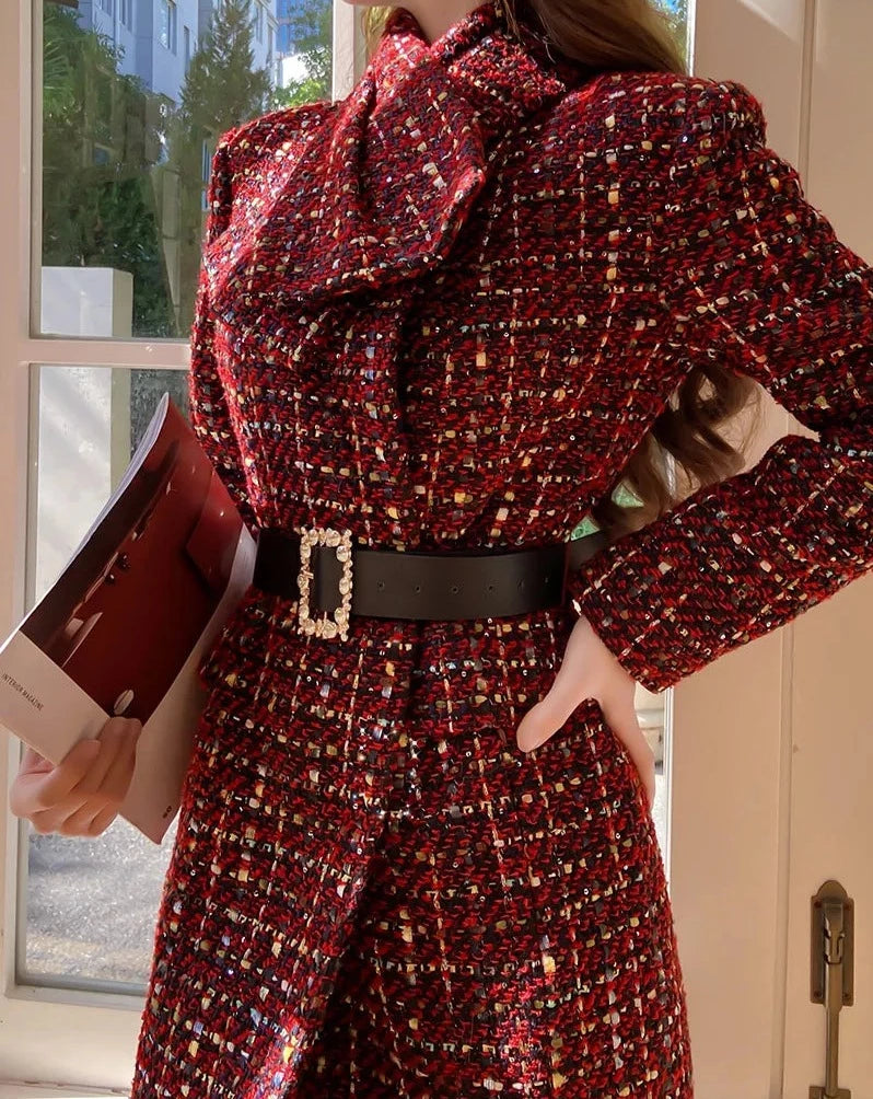 Women's red tweed long coat 