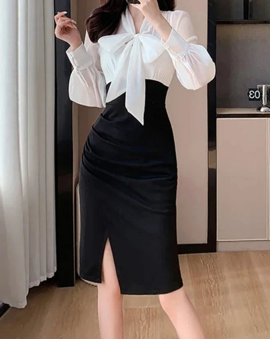 Women's long sleeve tie neck sheath dress