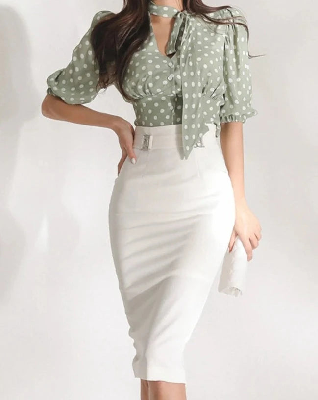 Women's green and white polka blouse and white pencil skirt 