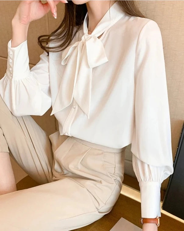 Women's white tie-neck long sleeve blouse