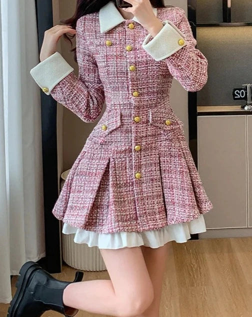 Women's pink tweed pleated mini dress