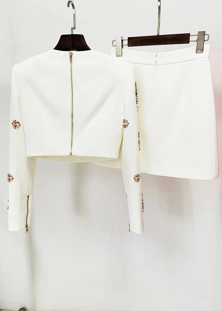 Women's jewel embellished white long sleeve top and mini skirt 2 piece outfit set