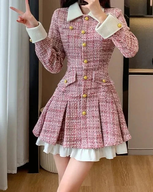 Women's pink tweed pleated mini dress