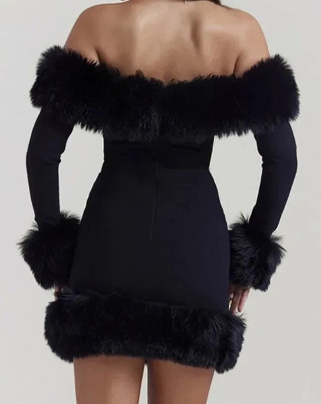 Women's black fur trim off the shoulder  long sleeve mini dress
