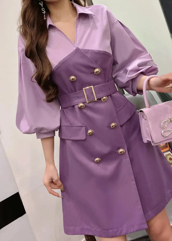 Women's purple puff sleeve trench dress 