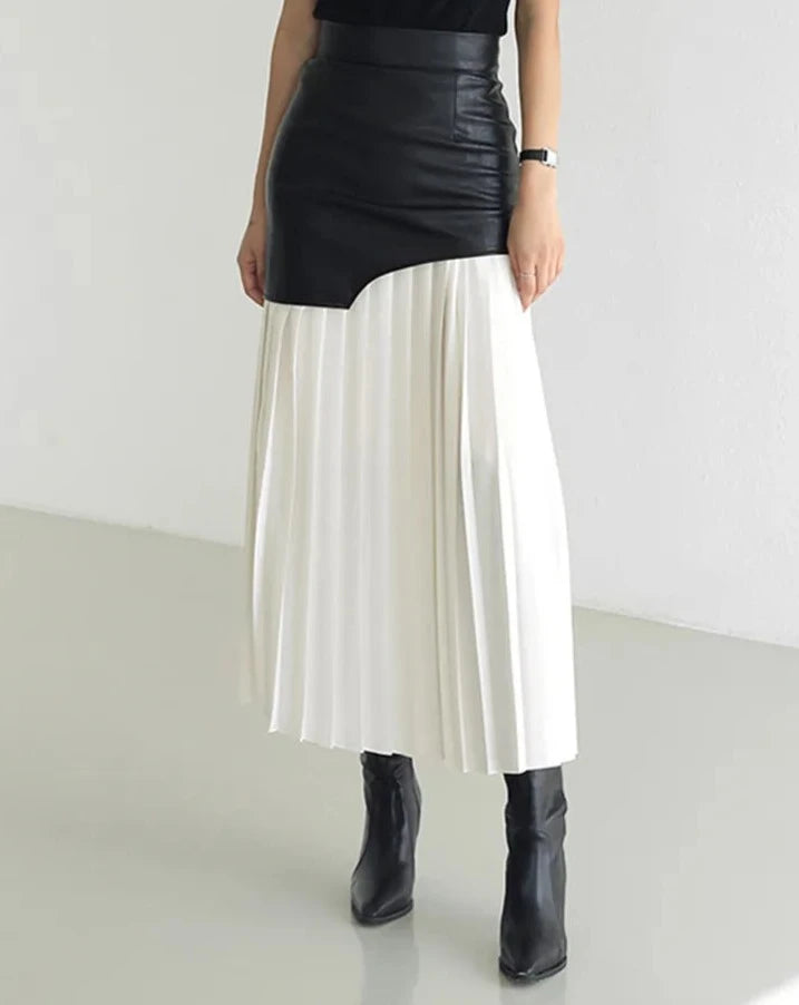 women's high waist maxi faux leather and pleated skirt