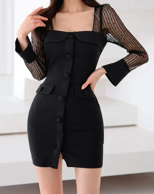 Women's black button front long sleeve mini dress