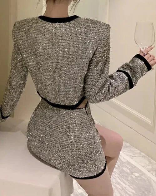 Women's tweed jacket and mini skirt suit set 