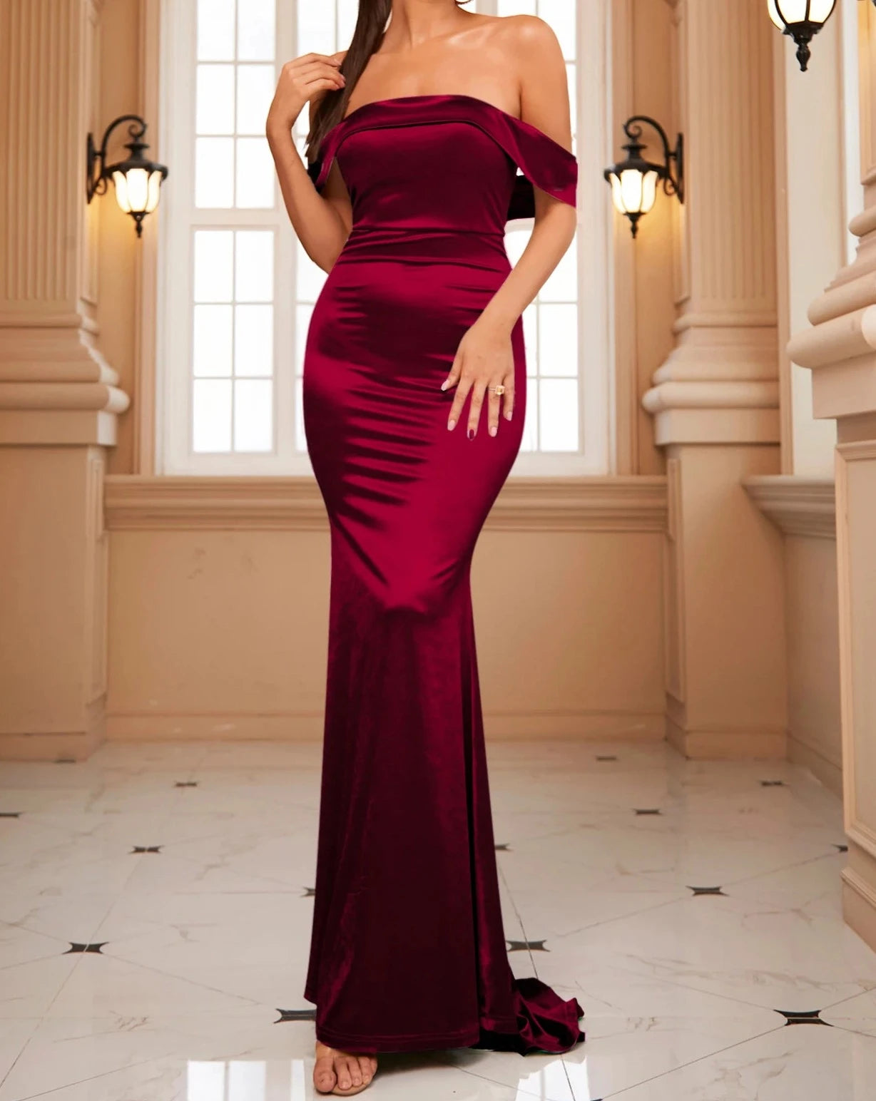 Women's off the shoulder red gown