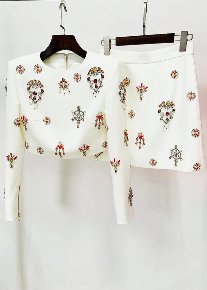 Women's jewel embellished white long sleeve top and mini skirt 2 piece outfit set