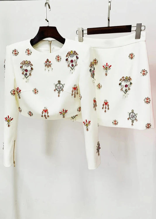 Women's jewel embellished white long sleeve top and mini skirt 2 piece outfit set