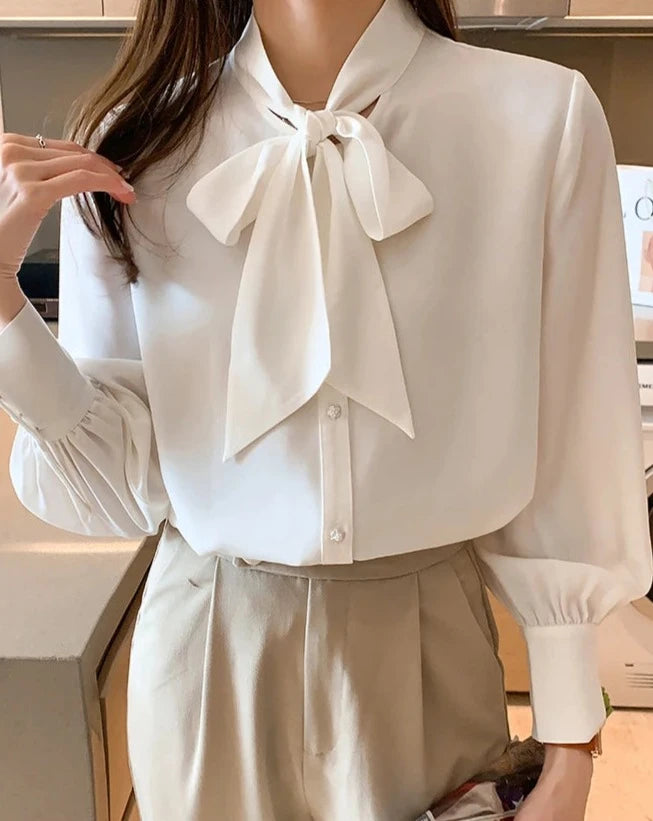Women's white tie-neck long sleeve blouse