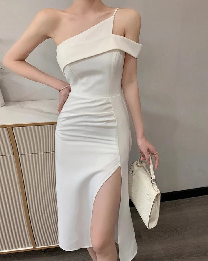 Women's asymmetrical one shoulder midi dress with high side slit