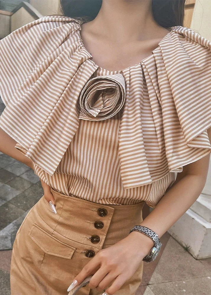 Brown pin striped ruffle trim top 