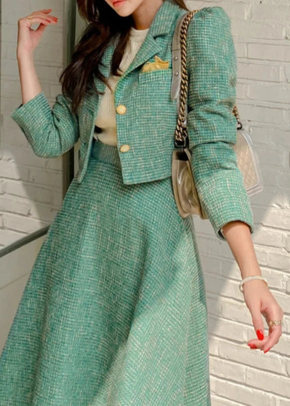 Women's tweed green blazer and A-line midi skirt 2-piece outfit set