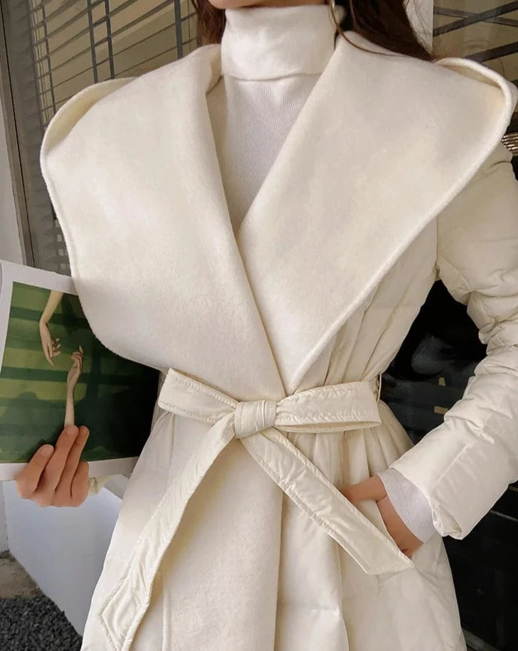 Women's white maxi belted puffer coat