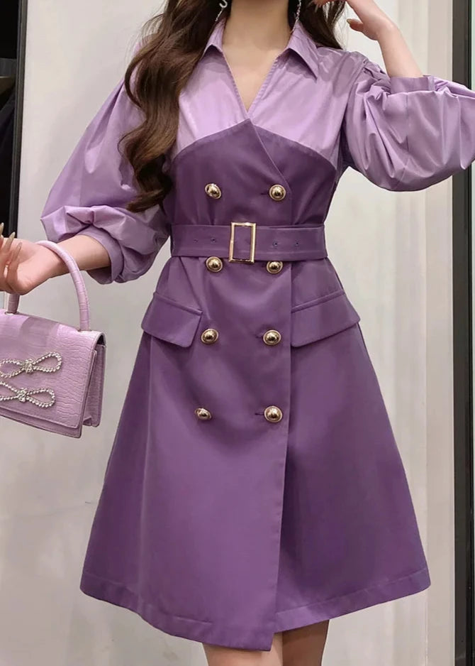 Women's purple puff sleeve trench dress 