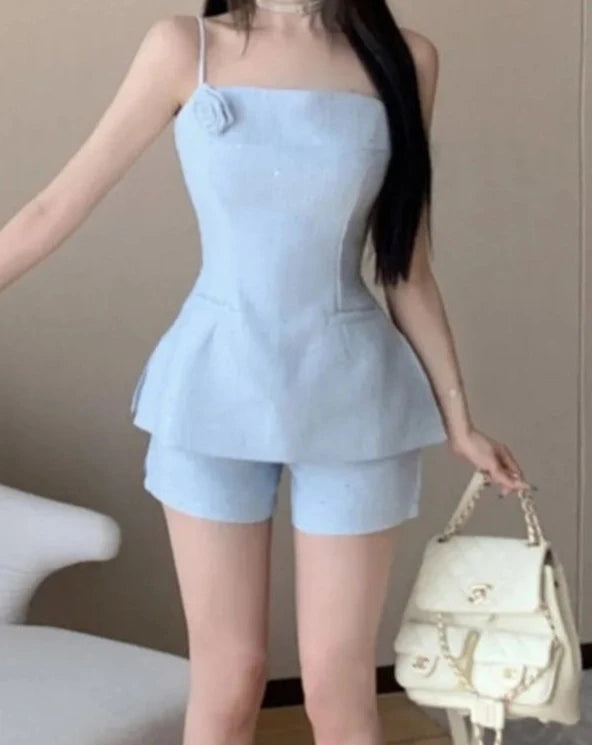 Women's tweed blue top and mini shorts set