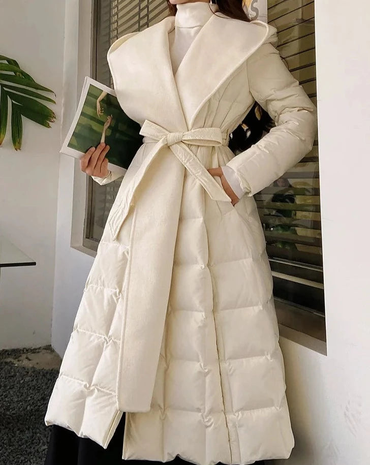 Women's white maxi belted puffer coat