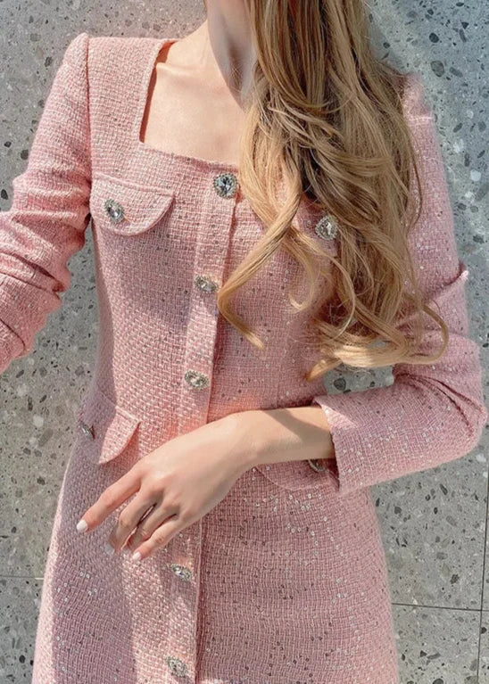 Women's metallic tweed square neck long sleeve minidress