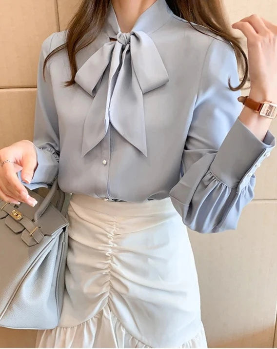 Women's blue tie-neck long sleeve blouse