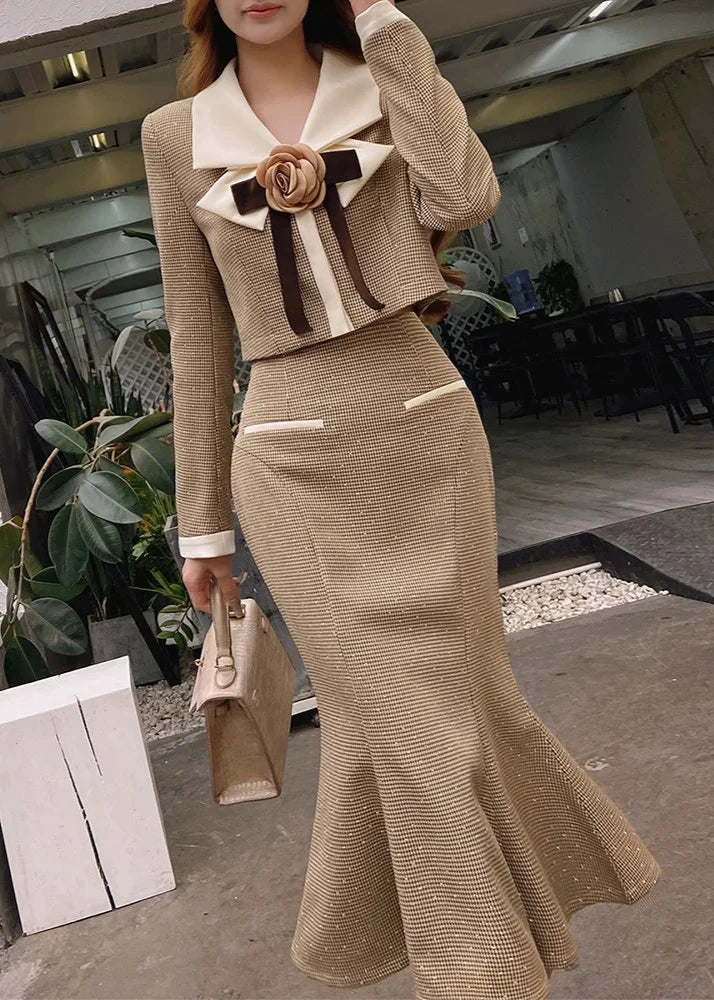 Women's brown jacket and trumpet midi skirt set