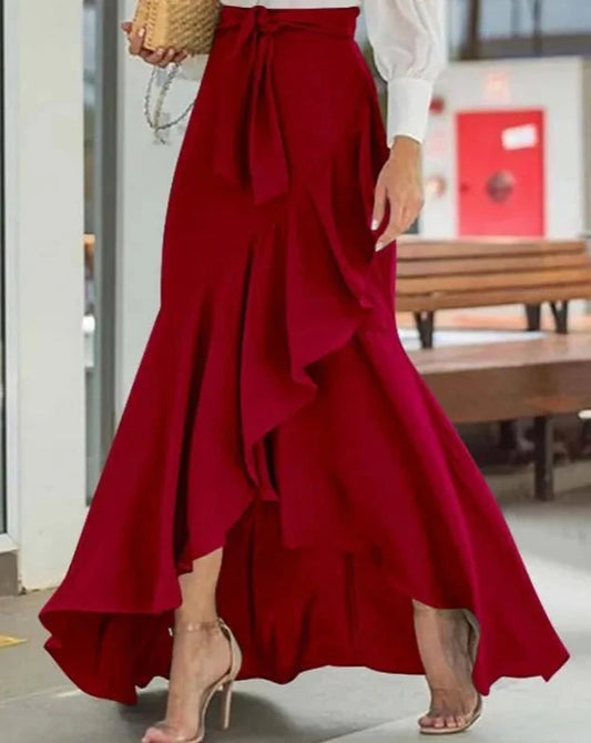 Women's red high waist high-low maxi skirt