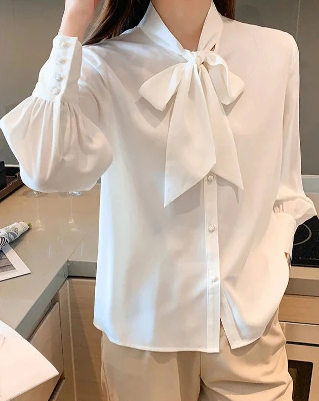 Women's white tie-neck long sleeve blouse