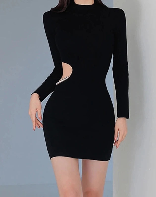 Women's black mock neck cut out long sleeve mini dress