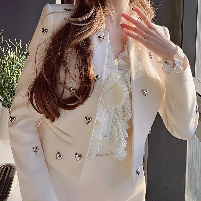 Women's beige blazer with silver metallic heart 